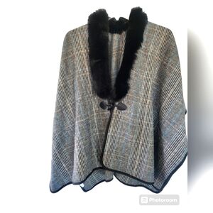 Topitoff women's wrap with faux fur at neckline black plaid with blue one size